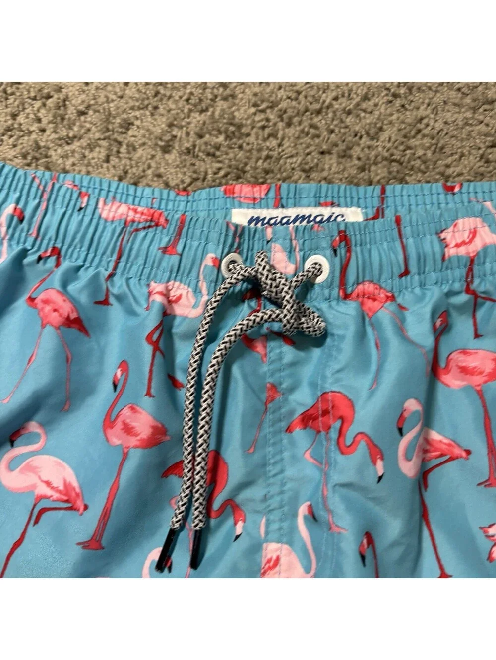 Maamgic Men’s Swim Trunks Size M Light Blue Pink Flamingo All Over Print Lined